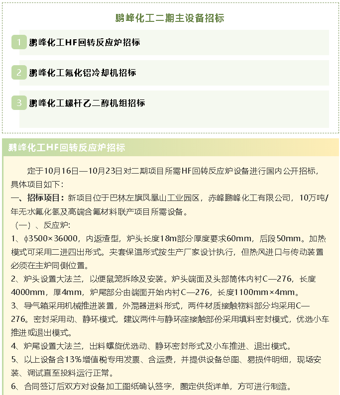 【招標公告】鵬峰化工HF回轉反應爐、氟化鋁冷卻機、螺桿乙二醇機組招標43